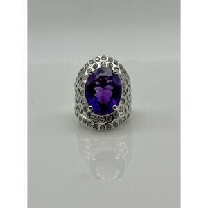 Size 6 Sterling Silver Deep Purple Handmade Oval Faceted Amethyst Ring